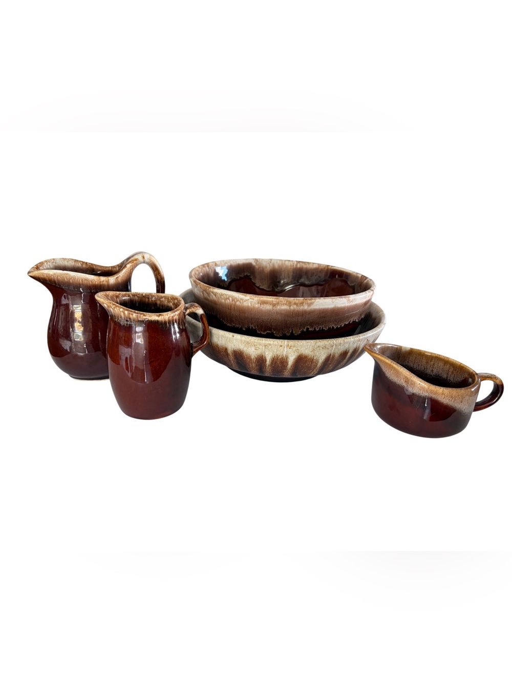 5 pc. Vintage Mid-Century Brown Drip Glaze Ceramic Bowl & Pitcher Serving Set